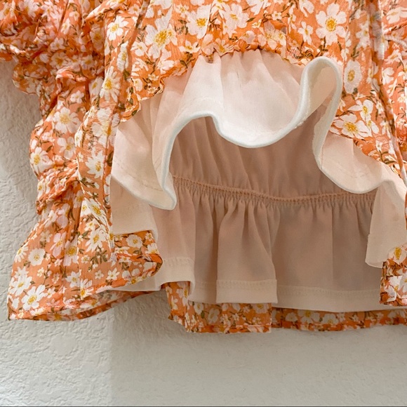 MOA MOA Peach Floral Chiffon Sheer Puff Sleeve Square Neck Crop Blouse Top XL - Picture 4 of 8